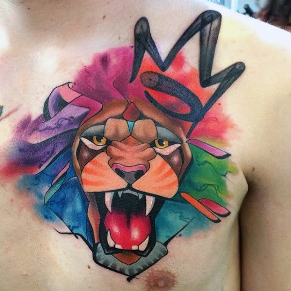 Upper Chest Graffiti Lion Watercolor Tattoo With Domming Effect For Men