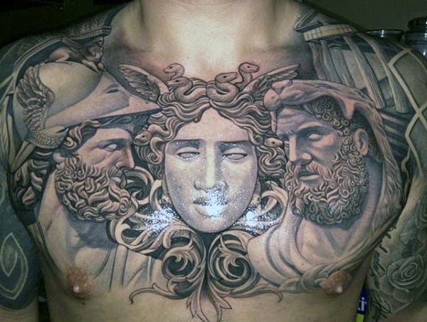 Black and grey Hercules portrait tattoo on the inner