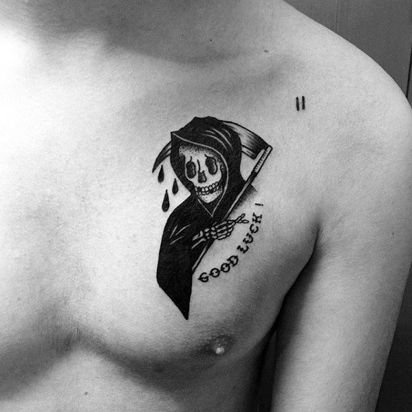 Upper Chest Grim Reaper Cool Male Good Luck Tattoo Designs