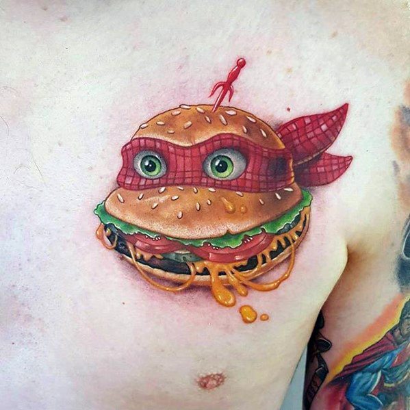 Upper Chest Guys Ninja Turtle Themed Cheeseburger Tattoo Deisgns