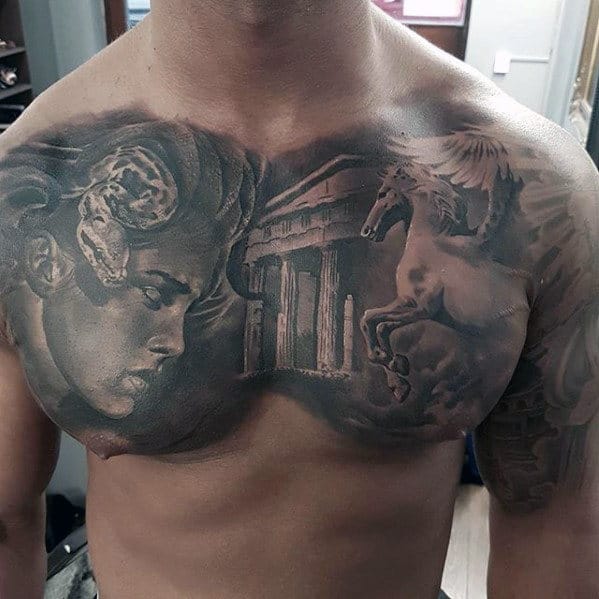 Upper Chest Guys Sweet Roman Themed Shaded Tattoo