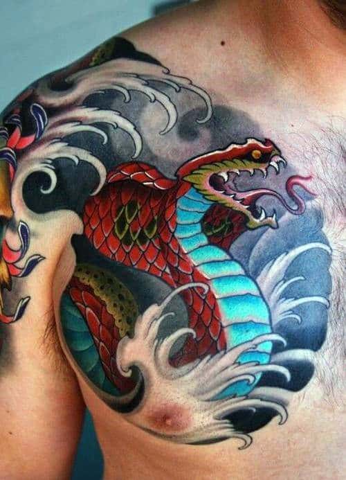 Upper Chest Incredible Japanese Snake Tattoos For Men