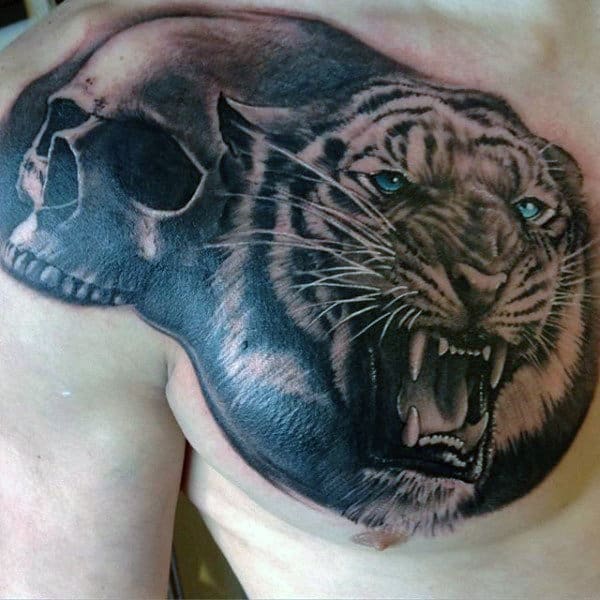 Upper Chest Male Animal Tattoo Designs Tiger With Skull