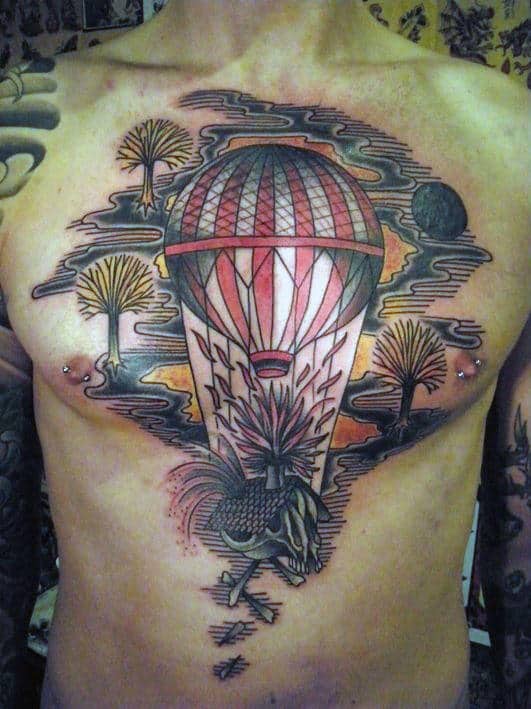 Upper Chest Male Hot Air Balloon Tattoo With Chimney Design