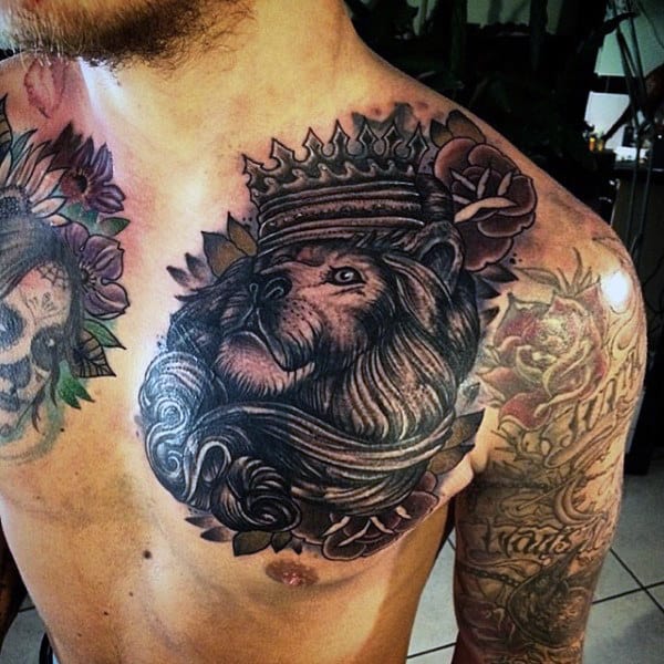 Upper Chest Male Lion With Crown Tattoo With Rose Flower Design