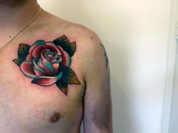 Upper Chest Male Teal And Red Traditional Rose Flower Tattoos