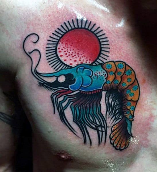 Upper Chest Manly Colorful Shrimp With Red Sun Tattoo Design Ideas For Men