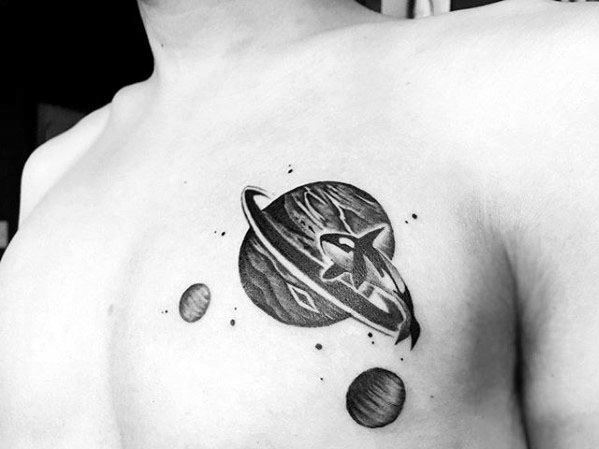 Upper Chest Mens Orca Outer Space Planet Themed Tattoo