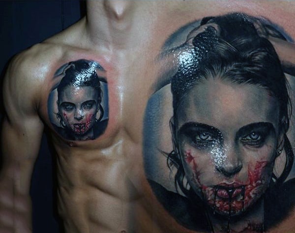 Upper Chest Mens Realistic Vampire Potrait Tattoo Designs.