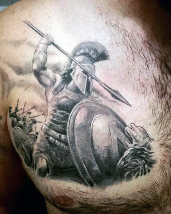 Upper Chest Mens Spear Spartan Tattoo Ideas