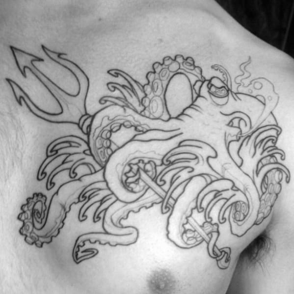 Upper Chest Mens Tattoo With Octopus Trident Design