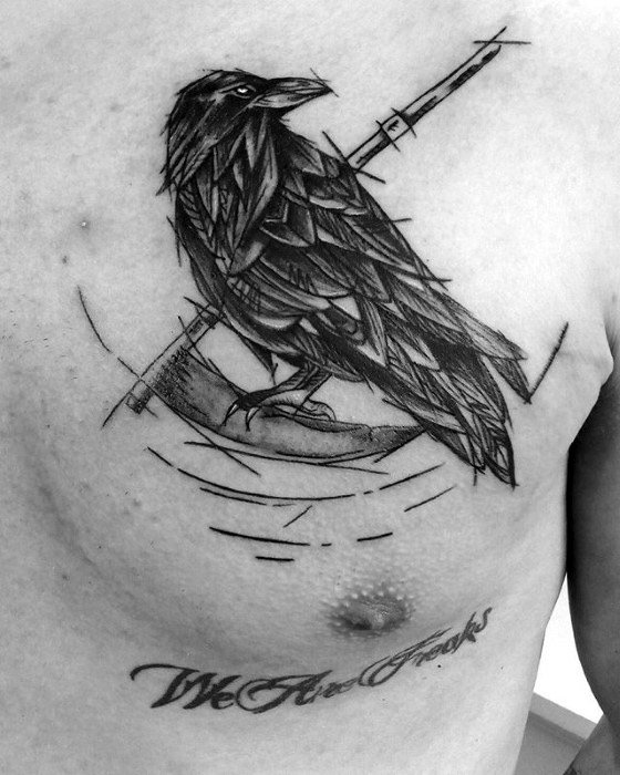 Upper Chest Mens Tattoo With Scythe Crow Bird Design