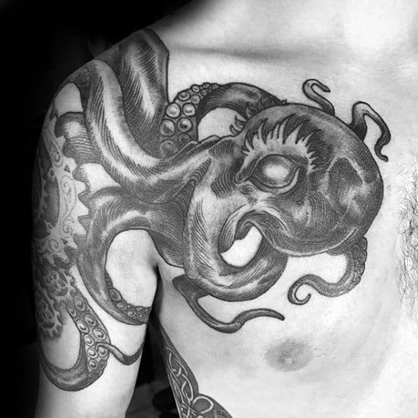 Upper Chest Octopus Black And Grey Ink Tattoo Designs For Men