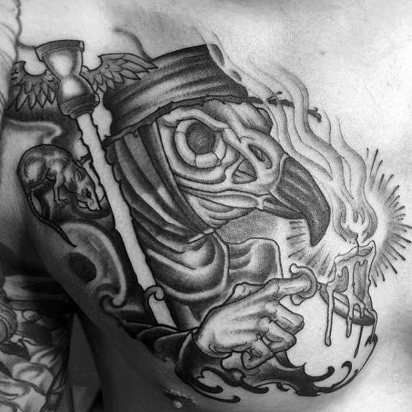 Upper Chest Old School Mens Plague Doctor Tattoo Design Inspiration