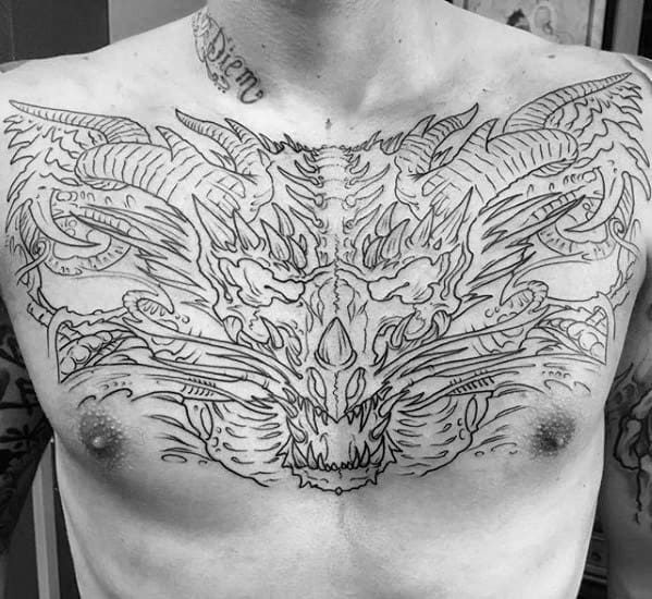 Upper Chest Outline Dragon Skull Tattoo On Men