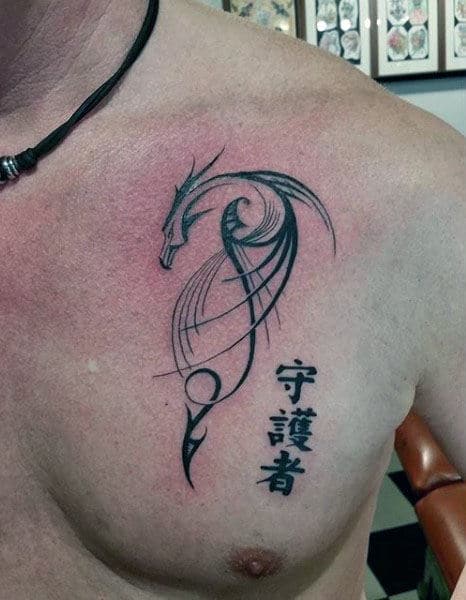 Upper Chest Outline Ink Tribal Dragon Tattoo On Guy