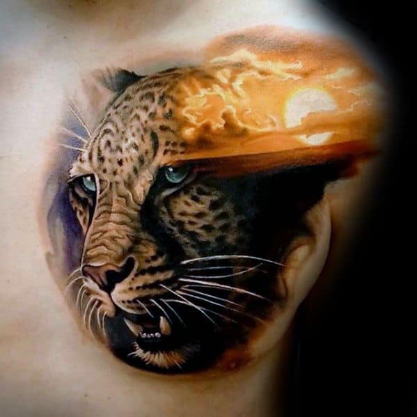 Upper Chest Panther Sunset Male Tattoo With Morph Design