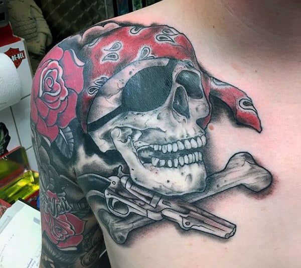 Upper Chest Pirate Gun Tattoo Designs For Men