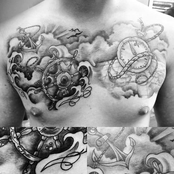 Upper Chest Sailor Compass Tattoo On Men