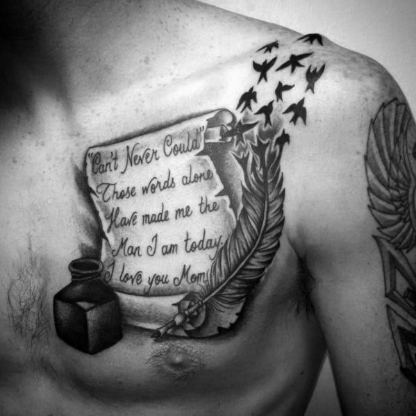 Upper Chest Scroll Birds Flying And Quill Tattoos Male