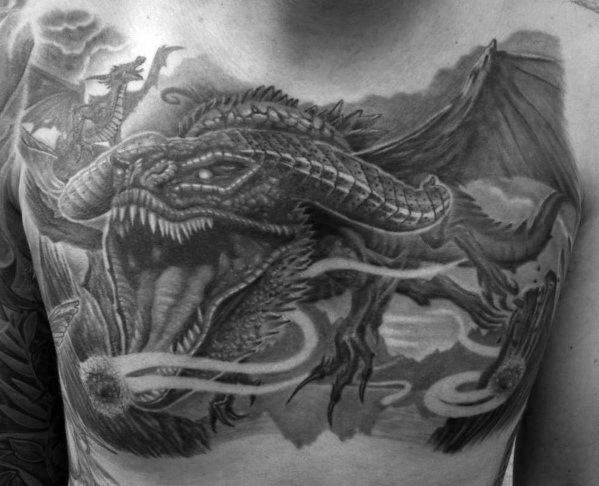Upper Chest Shaded Black And Grey Flying 3d Dragon Tattoo For Guys