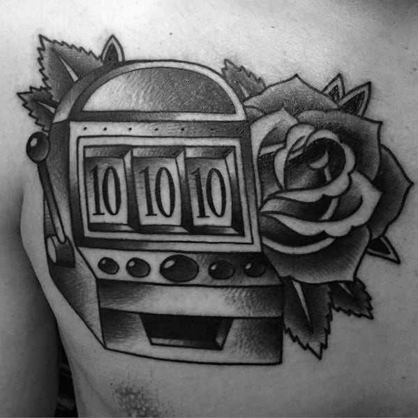 Upper Chest Shaded Rose Flower Slot Machine Tattoo Designs For Guys