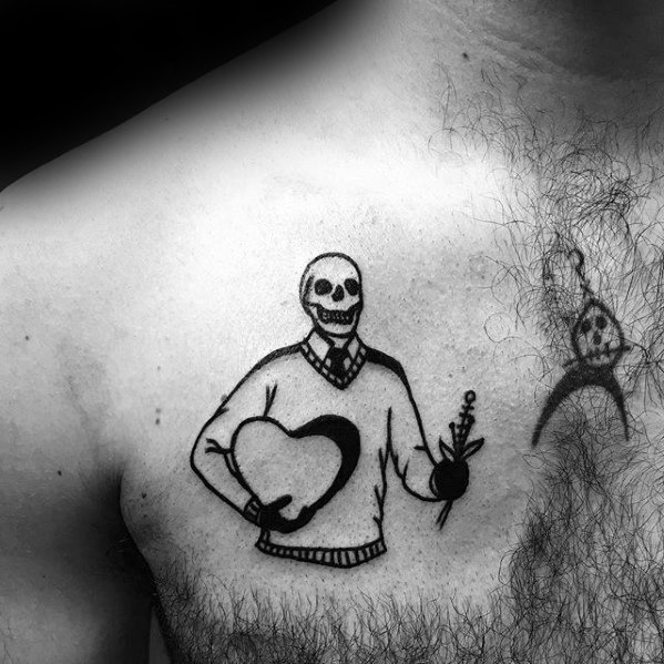 upper-chest-skeleton-skull-with-heart-and-flowers-mens-simple-tattoo