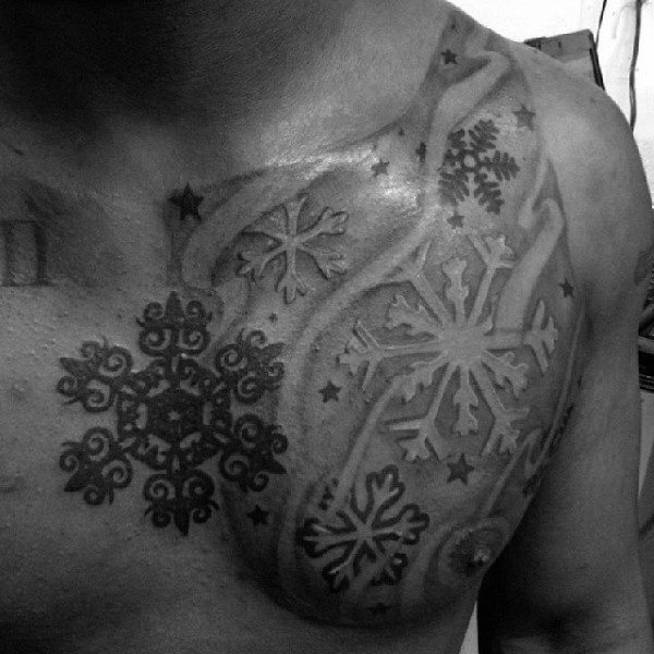 Upper Chest Snowflakes In The Wind Tattoo On Gentleman