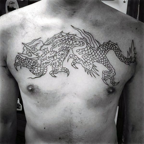 Upper Chest Traditional Dragon Black Ink Outline Tattoo For Men