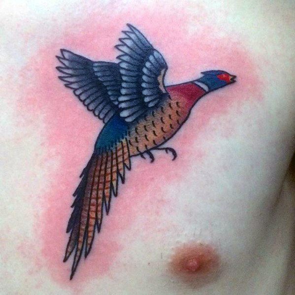 Upper Chest Traditional Old School Male Pheasant Tattoo Design Inspiration