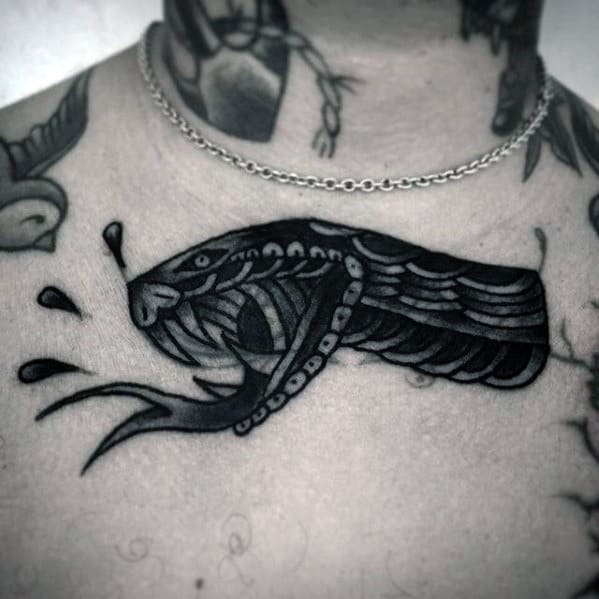 Upper Chest Traditional Snake Head Male Blast Over Tattoo Ideas