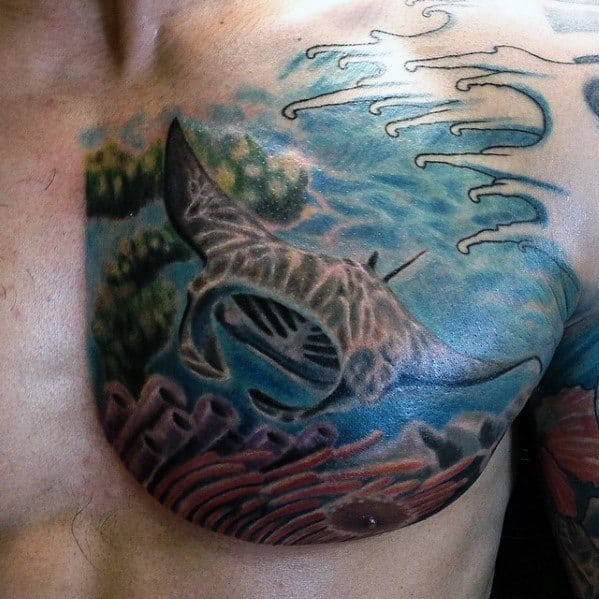 Upper Chest Underwater Awesome Manta Ray Tattoos For Men