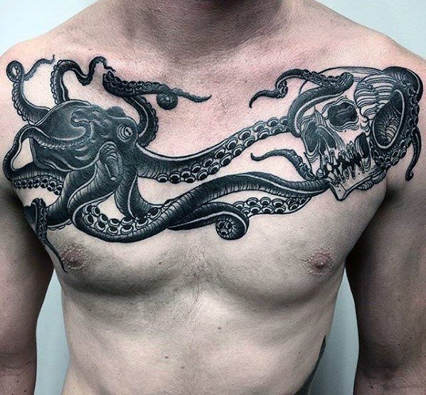 Upper Chest Unique Skull And Octopus Tattoo Designs For Men