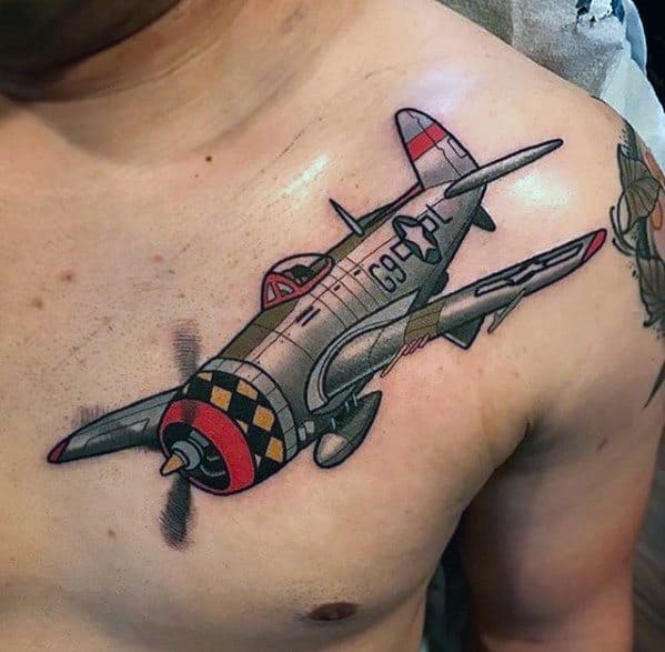 Upper Chest Vintage Flying Airplane Great Tattoos Men