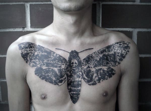 Upper Chest Wastercolor Black Ink Guys Moth Tattoos