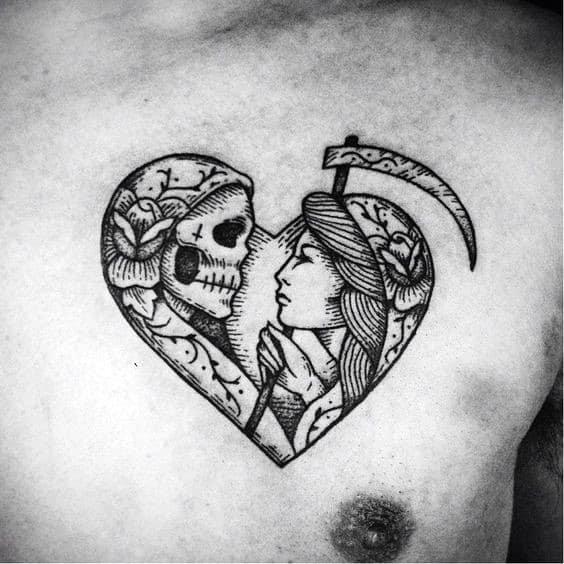 Upper Chest Woodcut Grim Reaper Inside Heart Male Traditional Tattoos