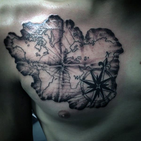 Upper Chest World Map Tattoo For Men With Compass