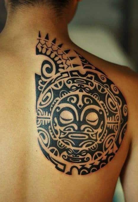 Upper Half Of Back Mens Maori Tribal Sun Tattoo Ideas