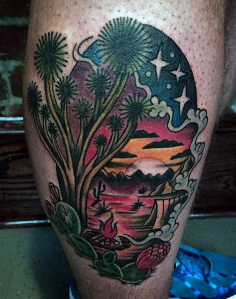 Upper Leg Thigh Cactus Desert Sunset Tattoo On Man
