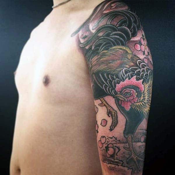 Upper Sleeve Rooster Tattoo For Men Traditional Style