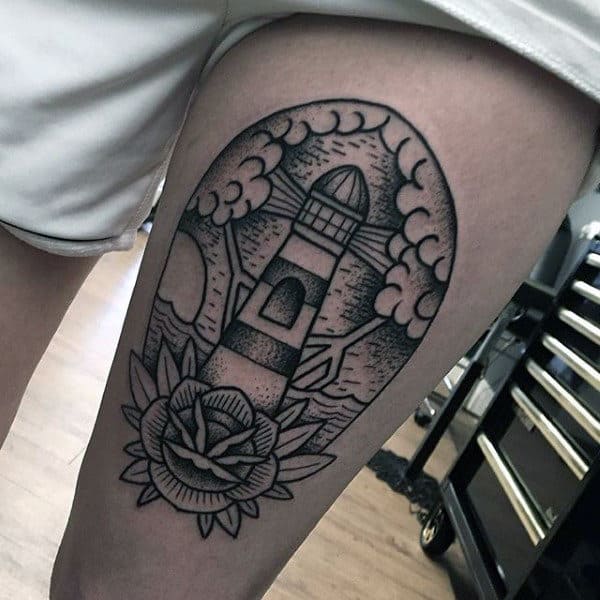 Upper Thigh Nautical Old School Mens Black Ink Lighthouse With Rose Flower Tattoo