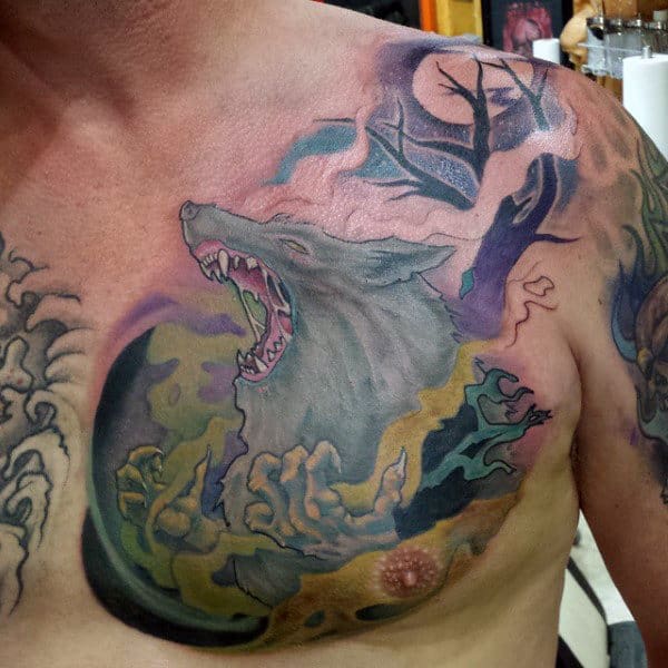 Upper Werewolf Painting Chest Tattoo Design For Men