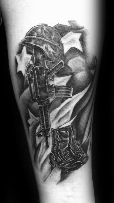 Us Flag With Fallen Soldier Cross Guys Shaded Black And Grey Forearm Tattoos