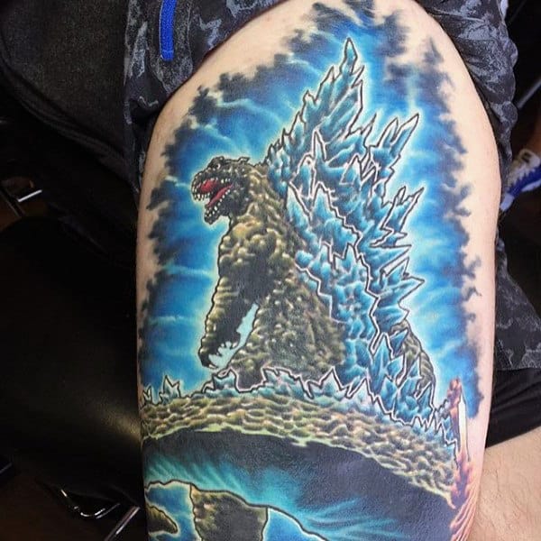 Vibrant Detailed Godzilla Tattoo Blue Backround For Guys