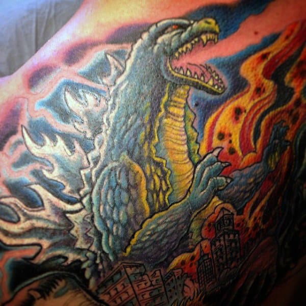 Vibrant Godzilla In City On Fire Tattoo For Gentlemen