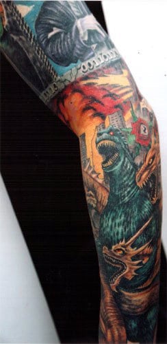 Vibrant Sleeve Detailed And Realistic Of Godzilla On Man
