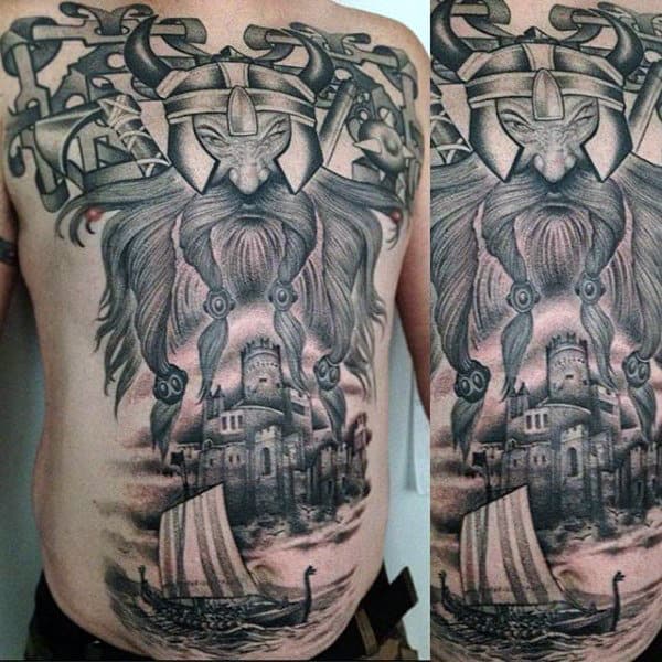 Viking Castle Mens Full Chest Tattoo Design Inspiration