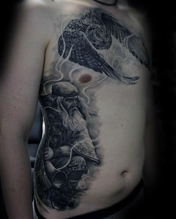 Viking Warrior With Flying Owl Mens Cool Chest Tattoo Designs