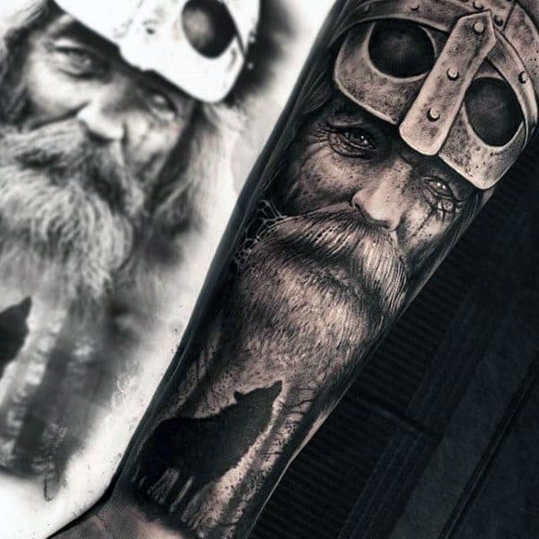 Vikings Forearm Sleeve Tattoos For Guys With Howling Wolf