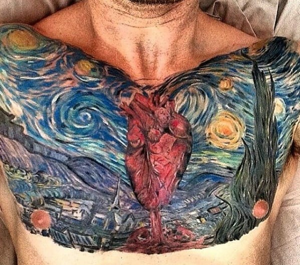 Vincent Van Gogh Stary Night Heart Mens Upper Chest Tattoo